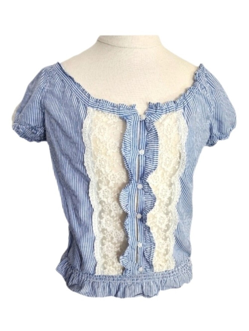 Forever 21 Blouse Y2K Peasant Ruffle Lace Partial Button Down Front Blue Size S